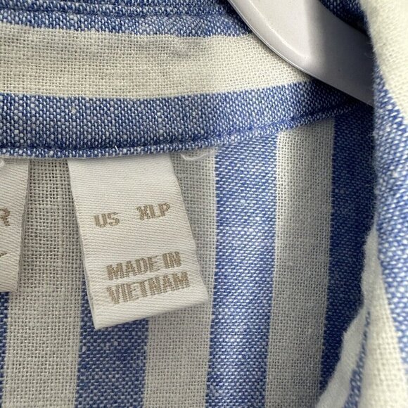 Susan Graver Linen Shirt Button up Striped Tie Sleeve XL Petite Blue White - Picture 7 of 11